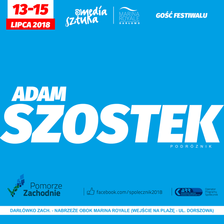 Plakat reklamujący festiwal w Darłówku, gość Adam Szostek.