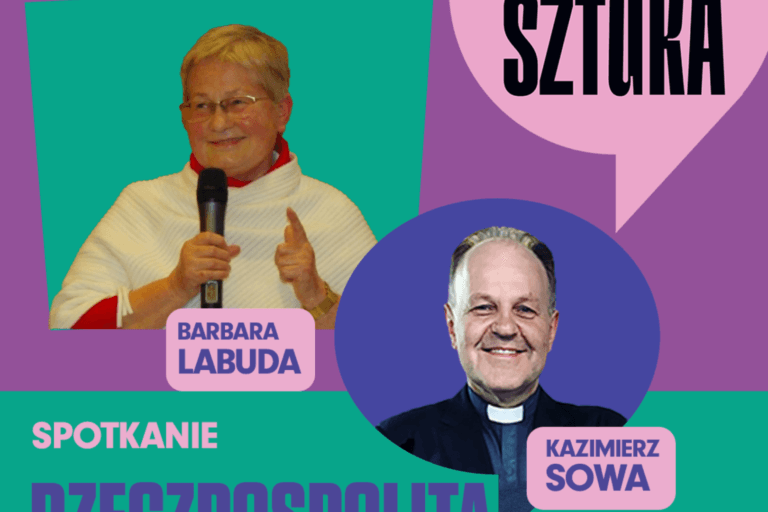 Spotkanie dyskusyjne z dwoma osobami w tle