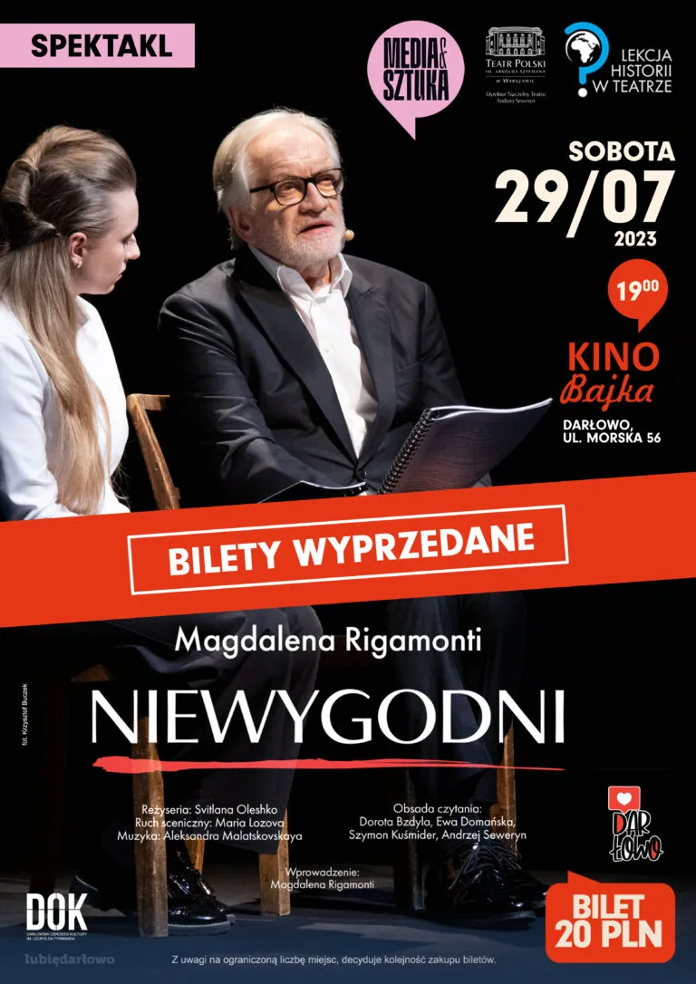 Plakat spektaklu 'Niewygodni' w Kinie Bajka, Darłowo.