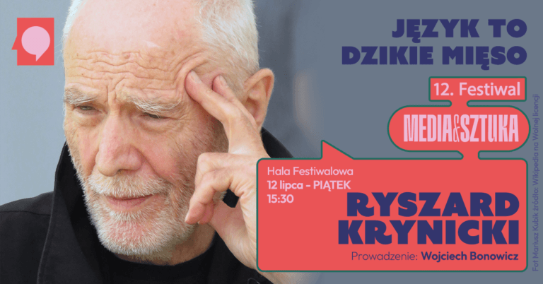 Plakat festiwalu Media i Sztuka z datą i miejscem.